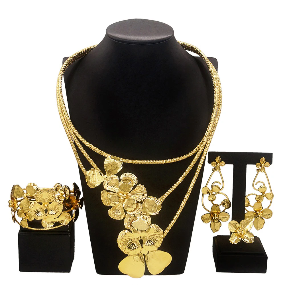 

Ylaili new sweet gold plated jewelry four-piece set brass earrings bracelet Engagement ring Bride wedding jewelry exquisite gift