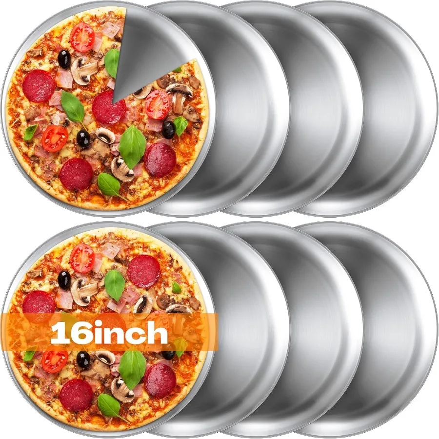 

8 Pieces 16 Inch Pizza Pans Bulk Stainless Steel Sets Round Bakeware Pizza Trays for Oven Kitchen Baking Home Restaurant Safe S