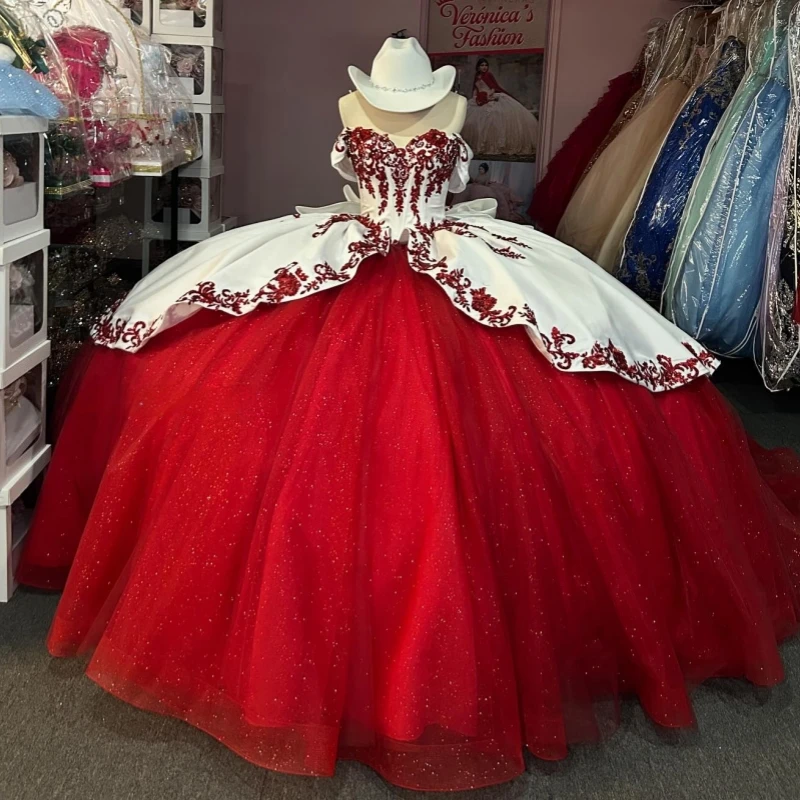 

Red Shiny Princess Off the Shoulder Sweet 16 Dress Quinceanera Dresses Applique Beading Bow Tull Party Birthday Vestidos 15 De