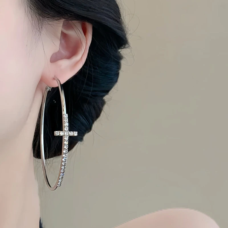 ENSHIR Crosss Zircon Circular Hoop Earrings For Women Simple Temperament Fashion Personality Jewelry Gifts Wholesale