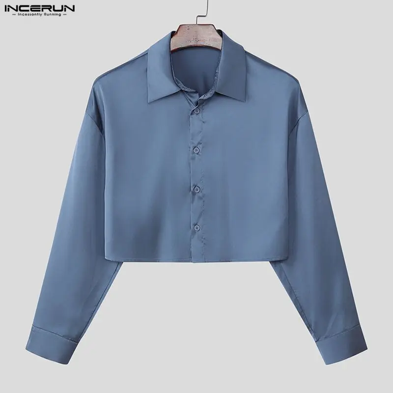 INCERUN Men Shirt Solid Lapel Long Sleeve Button Casual Male Crop Tops Streetwear Satin Hollow Out Backless Fashion Tops Camisas