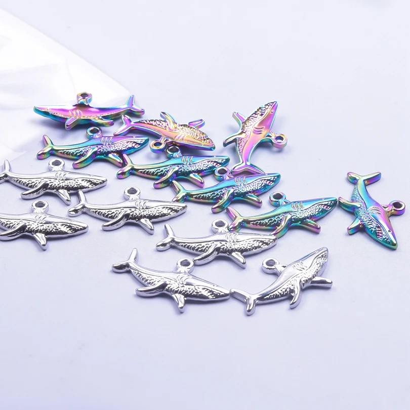 Fashion Animal 5pcs/Lot Stainless Steel Shark Pendant For Jewelry Making Supplies Rainbow/Silver/Gold Color DIY Earring Keychain