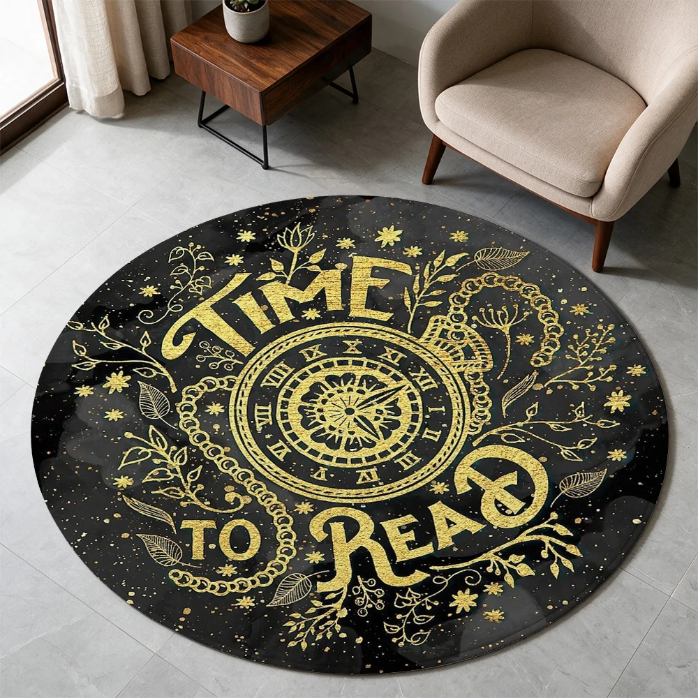 Large Round Time To Read Book Lover Area Rug Black Gold Astrology Clock Design Decorative Floor Mat