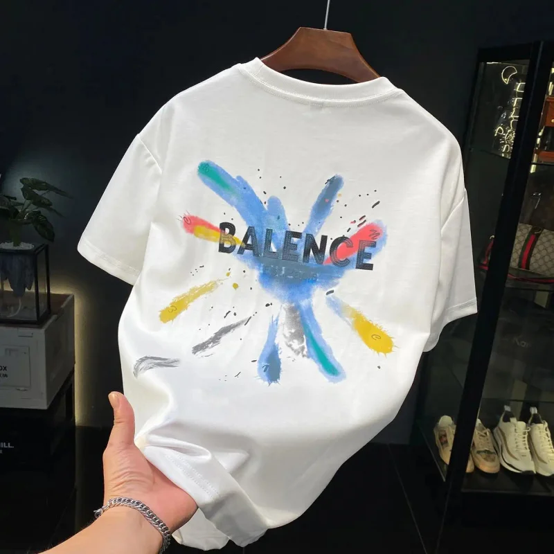 2026 New Summer American Streetwear Splash-Ink Print White T-Shirt for Men, Loose Casual, Half Sleeve, Hip Hop Style