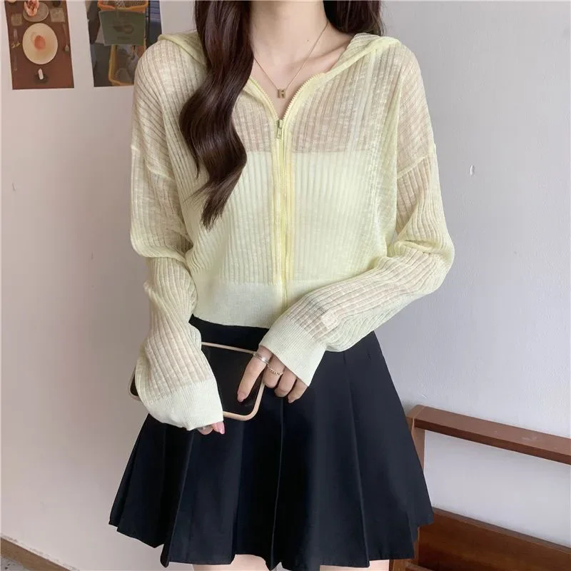 Lucyever Candy-Color Sun Protection Knit Cardigan Women Summer Thin Transparent Zipper Hooded Shirts Woman Outerwear Crop Tops