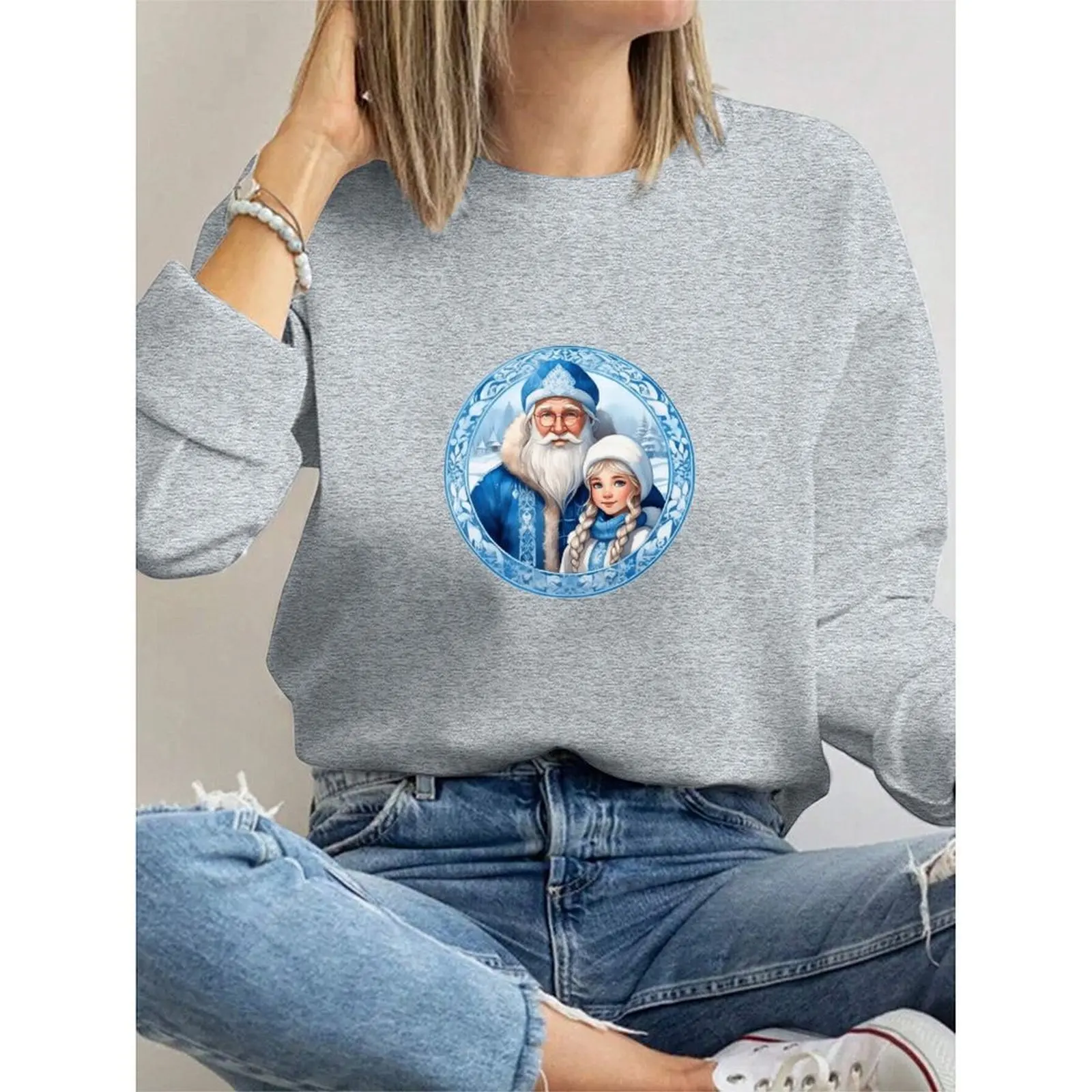 

Round Neck Women Sweatshirt Velvet Winter Casual Novy God Russian New Year Printed Pattern Woman Clothes Casual T-Shirts Tops