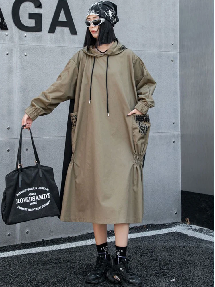 XITAO Loose Casual Pullover Mid-calf Women Dress Patchwork Hooded New Arrival Fold Fashion Long Sleeve A-line Dress ZYY1003