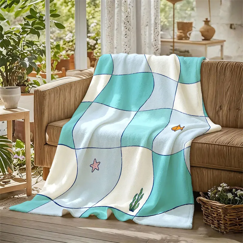 Ocean Wave Check Flannel Blanket Warm Soft Halloween Christmas Decorative Couch Warm Cozy All-Season Gift