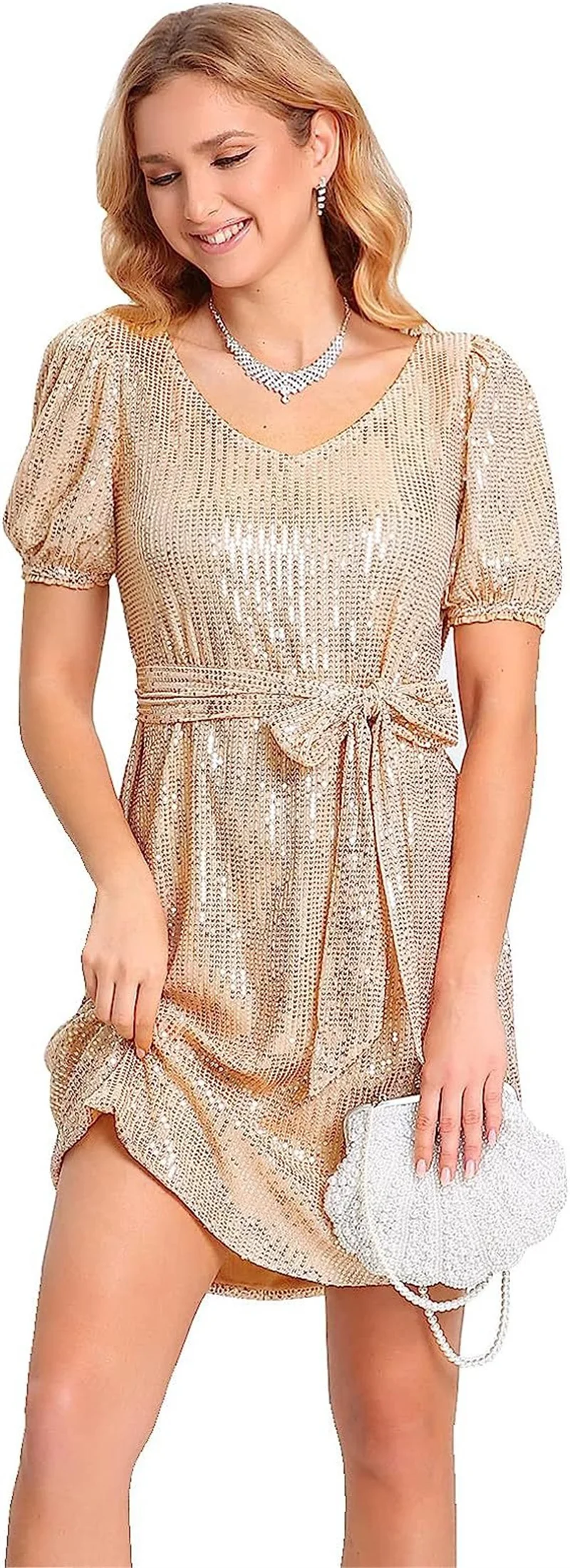 Robe de Soirée Décontractée pour Femme, Tenue Courte, Sexy, Col en V, Paillettes, Cocktail, Bal, avec Ceinture, à la Mode, pour Anniversaire