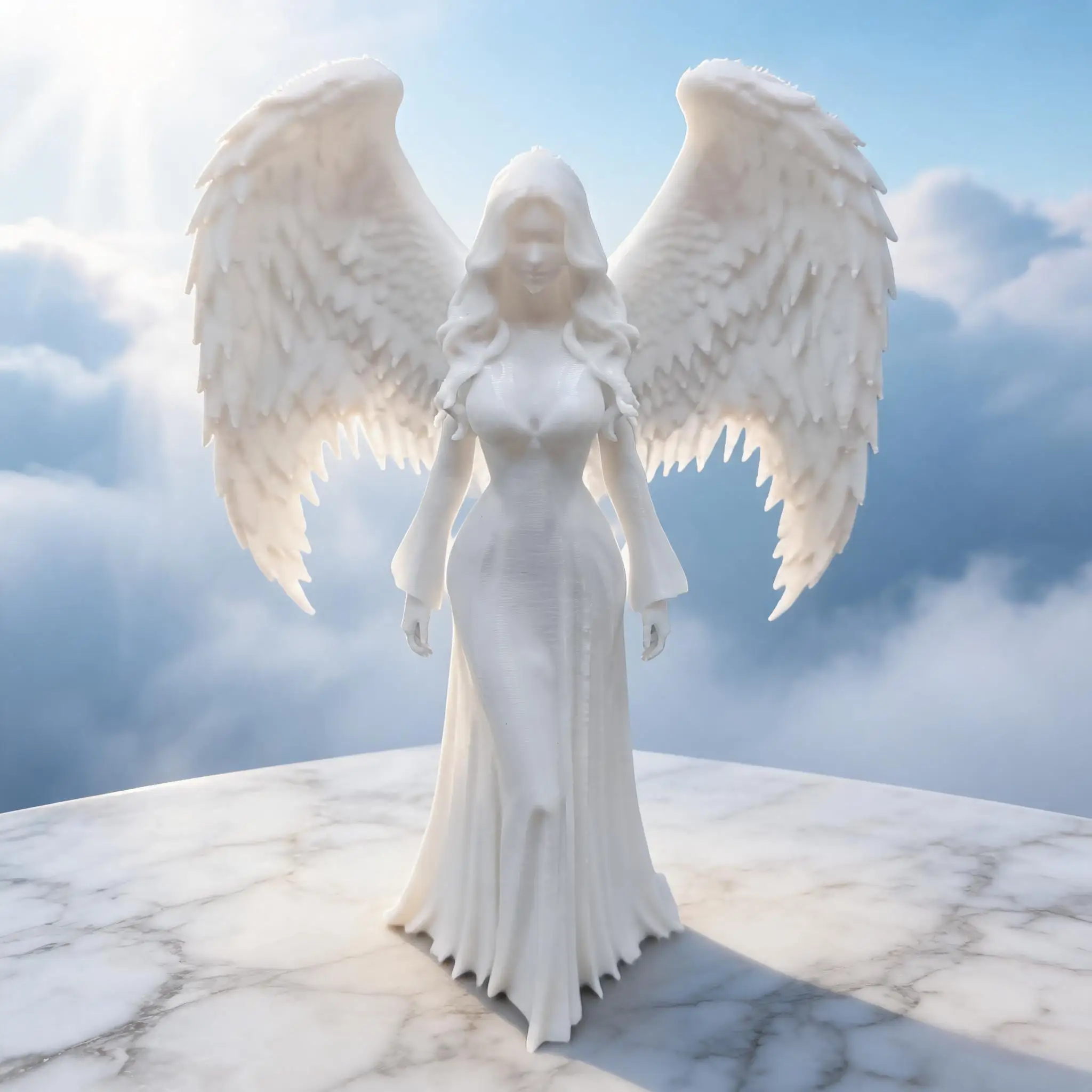 3D Printed Elegant Winged Angel Lady Sculpture, Textured Layer Detail Large Feather Wings Flowing Long Gown Female Angel Statue,