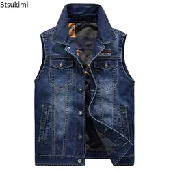 Colete jeans de bolso múltiplo masculino, jaqueta jeans sem mangas masculina, estilo casual de motocicleta, estampado Hip Hop, colete de vaqueiro, na moda, novo