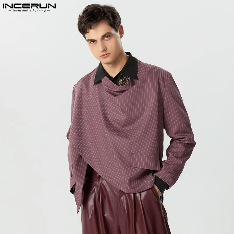 INCERUN Tops 2023 American Style Handsome Men Personality Stripe Design Shirts Casual Street Pile Neck Long Sleeved Blouse S-5XL