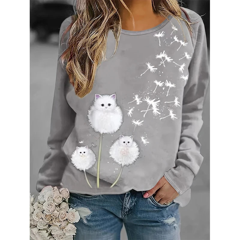 Fashion Cute Cat Dandelion Sweatshirts Floral 3D Print Women New Crew Neck Hoodies Long Sleeve Y2k Pullovers Top Female Clothing