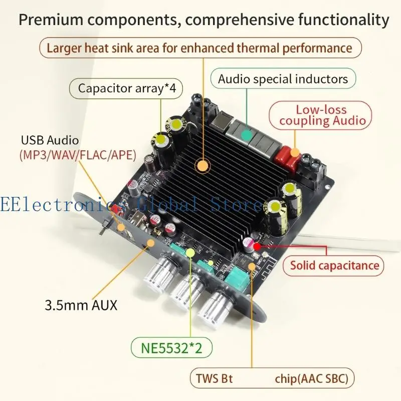 462B Professional Mono Bluetooth-Compatible Amplifier With USB & 3.5Mm Input And Large Heat Sink