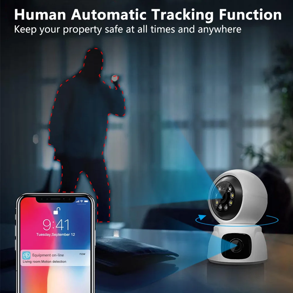 6MP واي فاي كاميرا IP عدسة مزدوجة شاشة مزدوجة مراقبة الطفل 4X التكبير المنزل كاميرا أمنية واي فاي PTZ تتبع السيارات CCTV مراقبة الفيديو