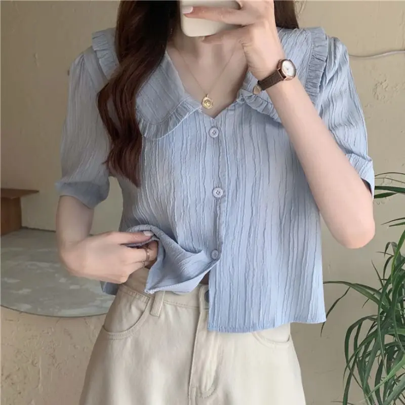 Button Shirts and Blouses Korea Short Sleeve Top Women 2024 Summer Sweet Blouses Elegant Solid Sweet Peter Pan Collar Clothes