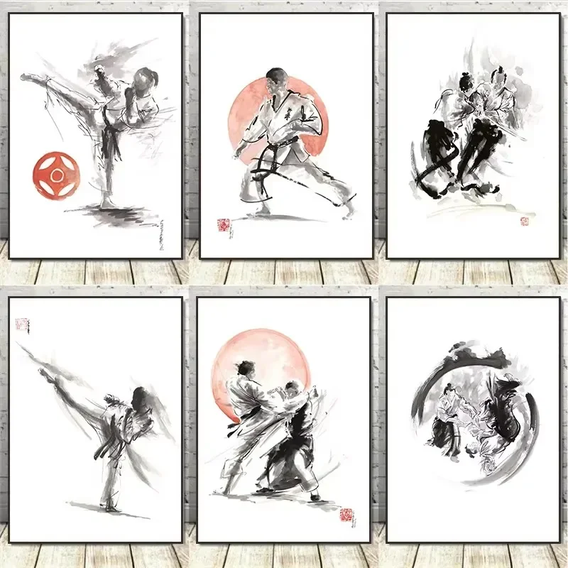 Japanese Black Shotokan Samurai Karate Art Ink Canvas Painting Minimalist Posters and Prints Wall Pictures for Living Room Decor