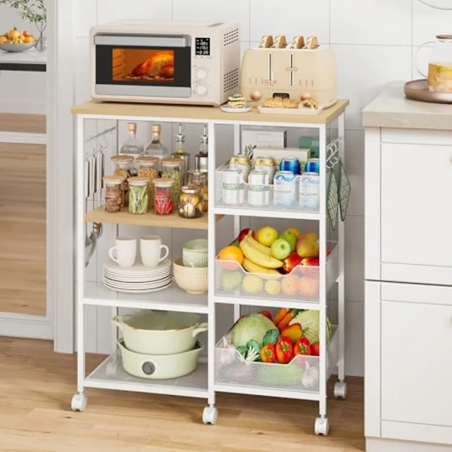 

Rolling Kitchen Carts with Storage - Microwave Table Stand with 6 Hooks and 3 Baskets kitchen Island Cart on Lockable Wheels 28