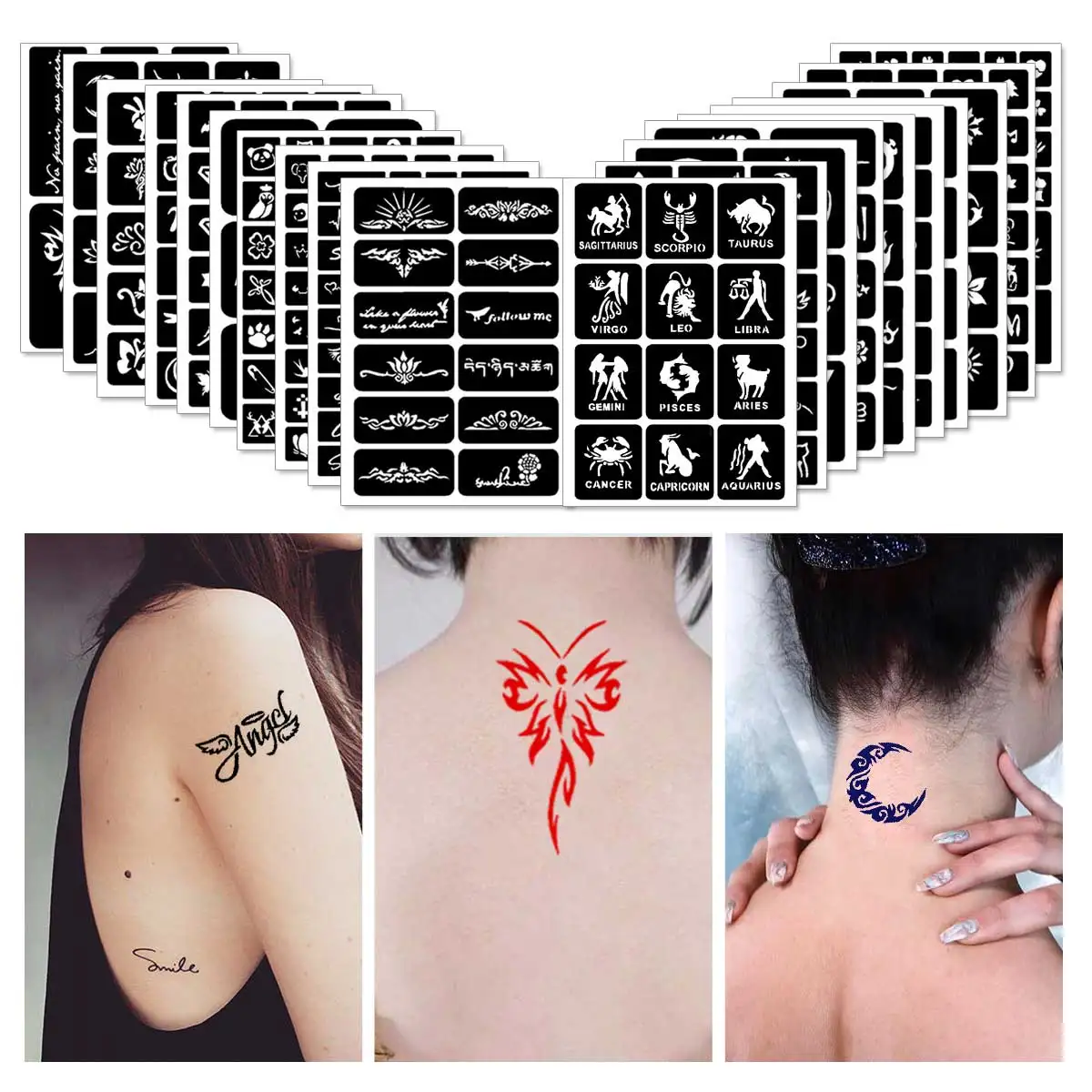 10 Temporary Tattoo Templates, Reusable Stickers, Sparkling Tattoos, Semi-Permanent Tattoos, Face Painting, Body Art, Face & Cool Inspirational English Words, Flowers, Butterflies, Scorpions, Mountains and Rivers, Elephant and Other Pattern Designs, Hollow Templates Kit003-10P