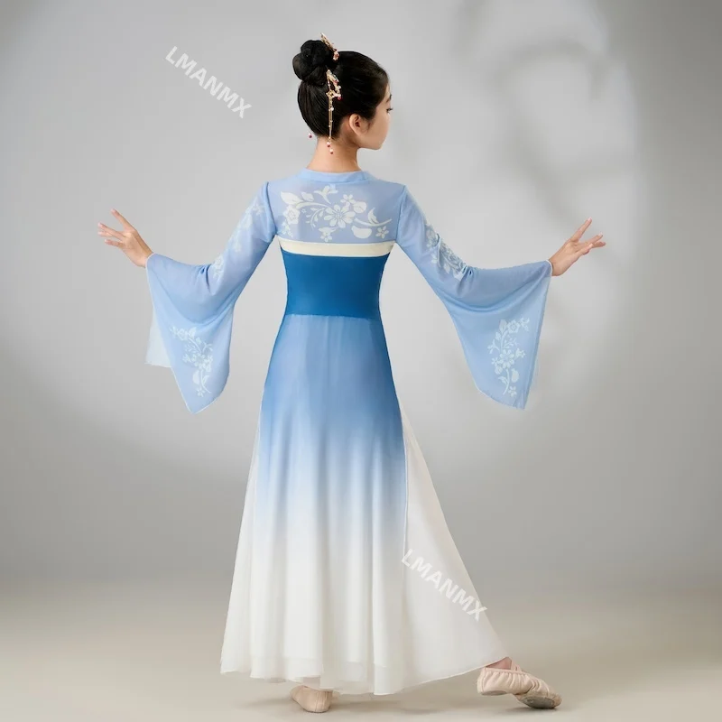 Girl's classical dance performance costume, student dance practice training costume, blue children's ethnic fan dance set