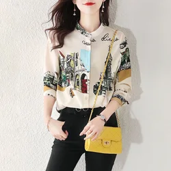 Vintage Printed Spliced O-Neck Oversized Chiffon Shirt Summer and Autumn New Casual Tops Loose Commute Women's Clothing Blouse