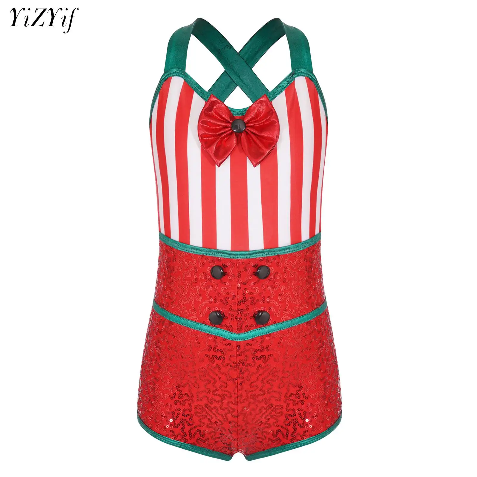 

Kids Girls Christmas Xmas Candy Cane Costume Jumpsuit Gymnastics Sleeveless Sequins Dance Unitards Stage Performance Dancewear