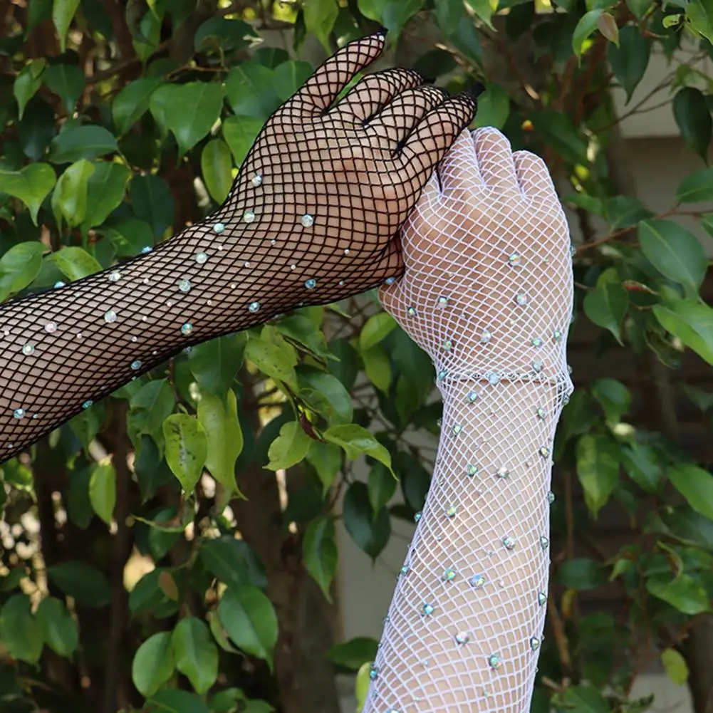 Fancy Fishnet Gloves Sparkly Rhinestone Fishnet Gloves for Women Mesh Elbow Length Gloves for Rave Party Halloween Costume