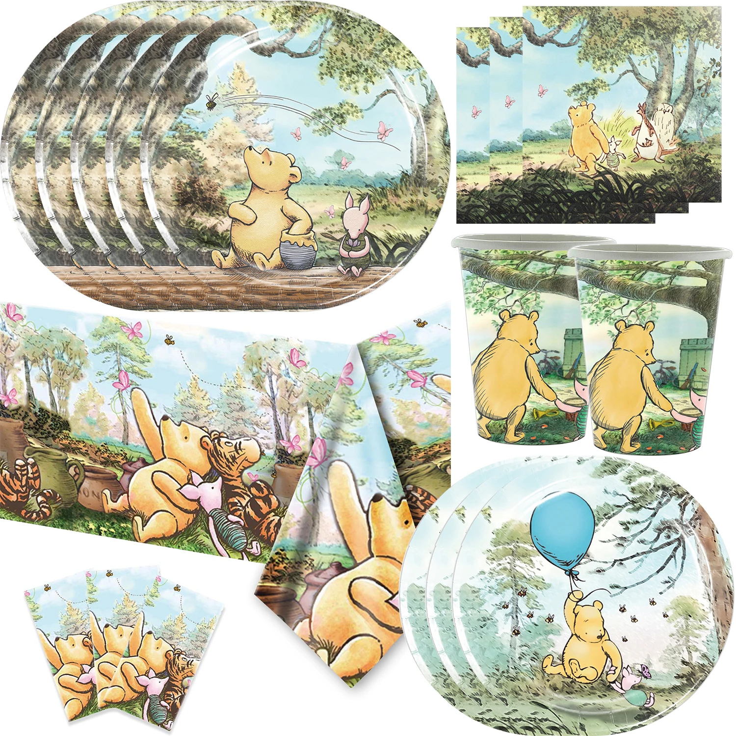 Winnie The Pooh Birthday Party Decorations Balloon Tablecloth Paper Cups Plates Banner Cake Toppers for Kids Boys Baby Shower