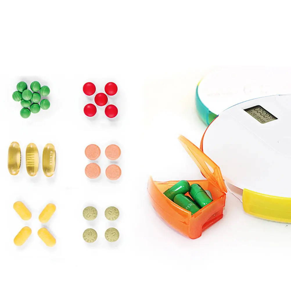 

Weekly Pill Box Organizer Coded Compartments Holds 5-20 Pills Each 4 Times Daily Alarm Reminder Portable Travel Medicine