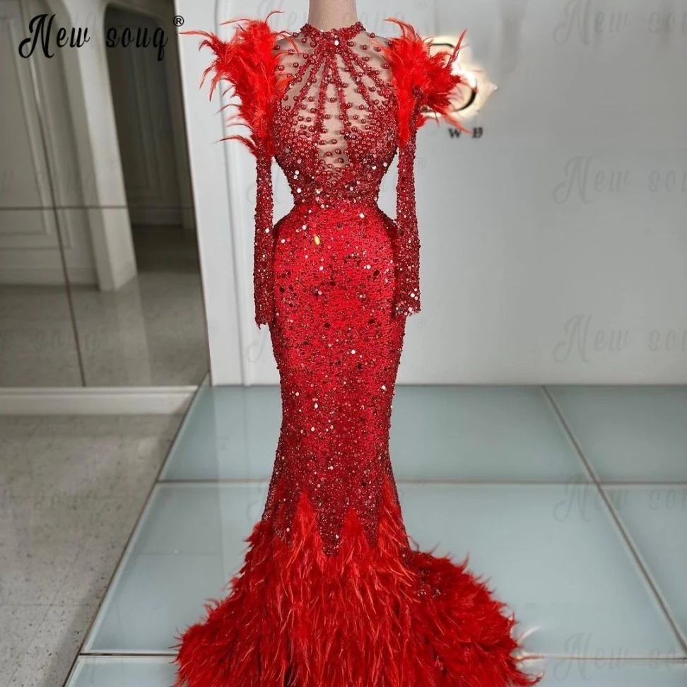 

Luxury Arabic Red Evening Dress Plus Size Formal Prom Dresses Women Wedding Party Gowns Engagement Dress Beaded Celebrity Gown