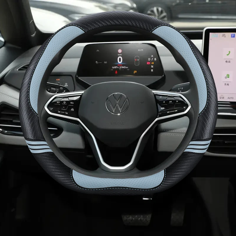 Car Steering Wheel Cover Leather For Volkswagen T-ROC R Taigo Touareg R Atlas R Taos T-Cross 2018- 2024 2025 Auto Accessories