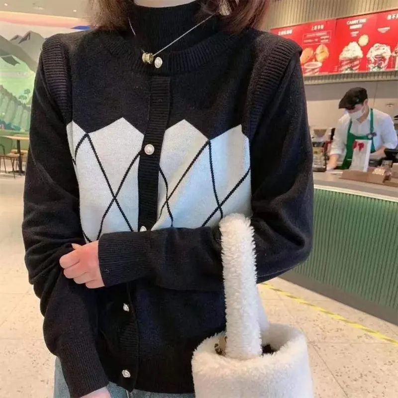 Korean Argyle Color Blocking Button Sweaters Stylish Fake Two Pieces Half High Collar Casual Knitted Jumpers Women's Clothing