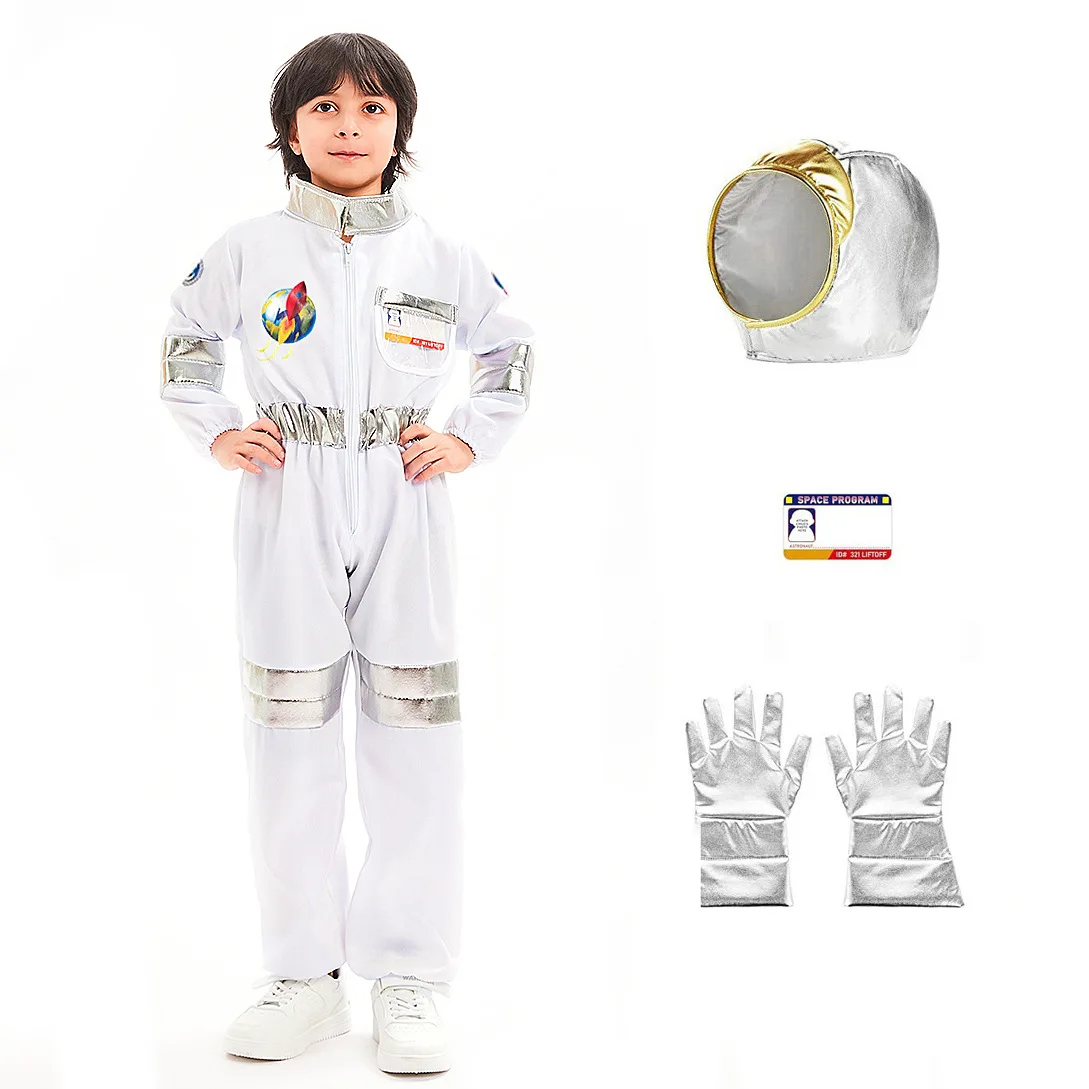 Disfraz de Astronauta para Niños, Mono Blanco con Cierre Completo, Casco Espacial, Guantes Plateados, Tarjeta de Identificación, Disfraz de Astronauta para Halloween y Carnaval