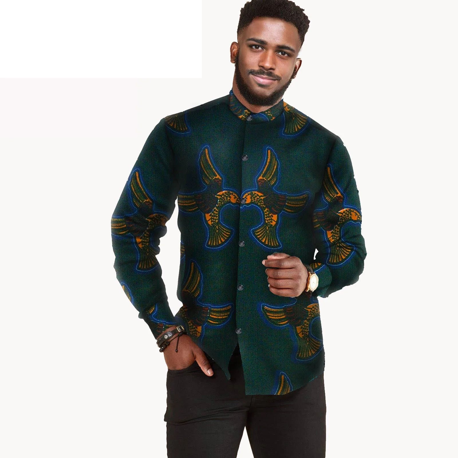 African Shirts for Men Plus Size Slim Fit Ankara Attire Plus Size Print Long Sleeve Dashiki Shirt Crop Top Casual