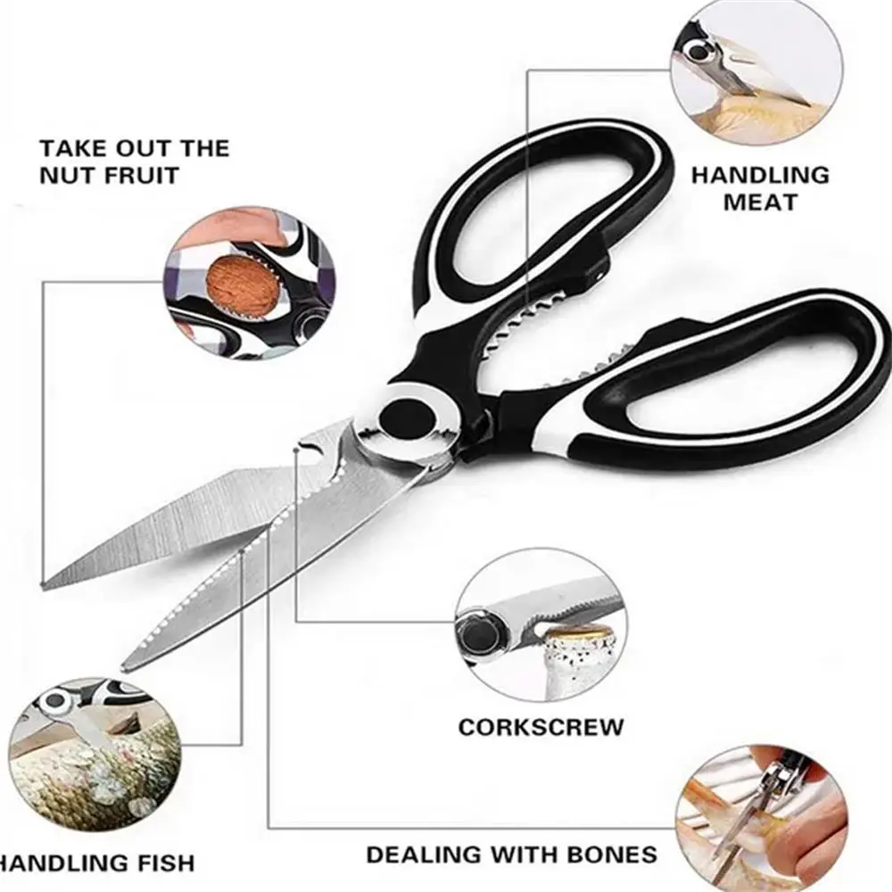 Stainless Steel Kitchen Scissors Multifunctional Household Chicken Bone Scissors With Lid Can Be Opened To Clip Walnuts