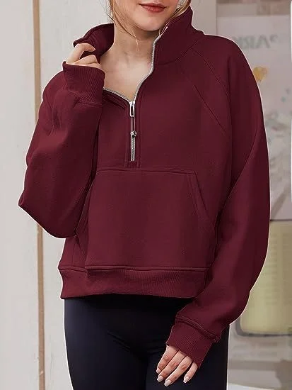 インウェイ レディース フリース裏地付きスタンドカラーフーディー 親指穴付きクロスボーダーフーディー ティエンデッド ロングスリーブ L...