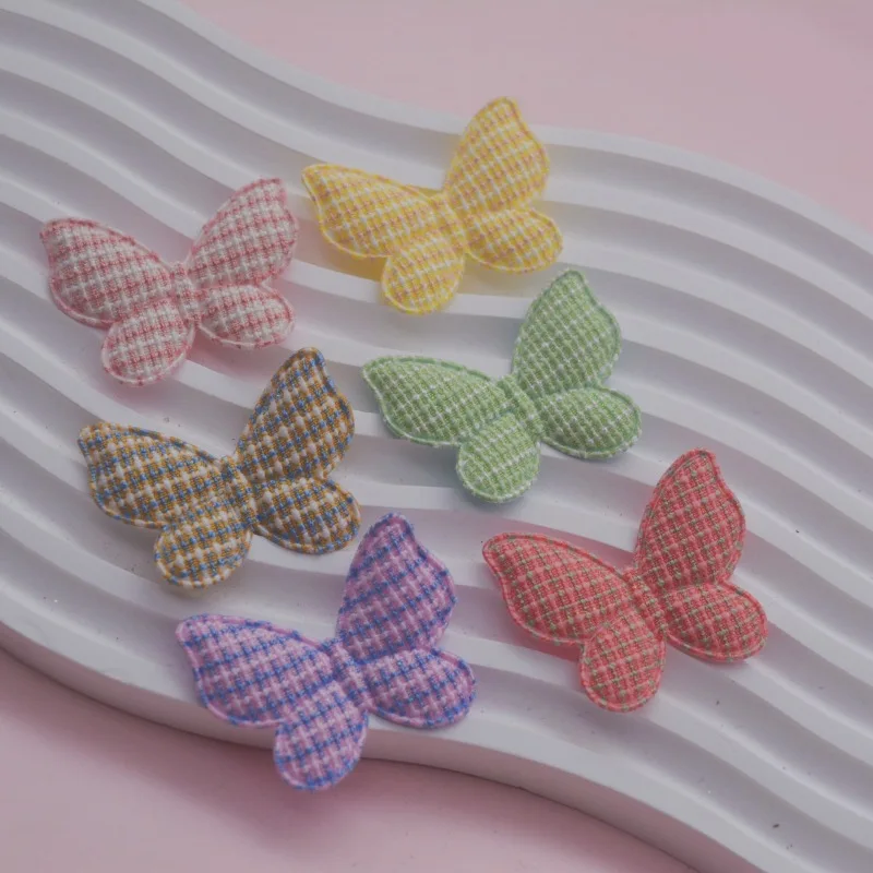 48Pcs 4.3x3.5CM Lattice Fabric Butterfly Padded  Appliques For DIY Hair Clip Accessories Garment Headwear Decor Patches