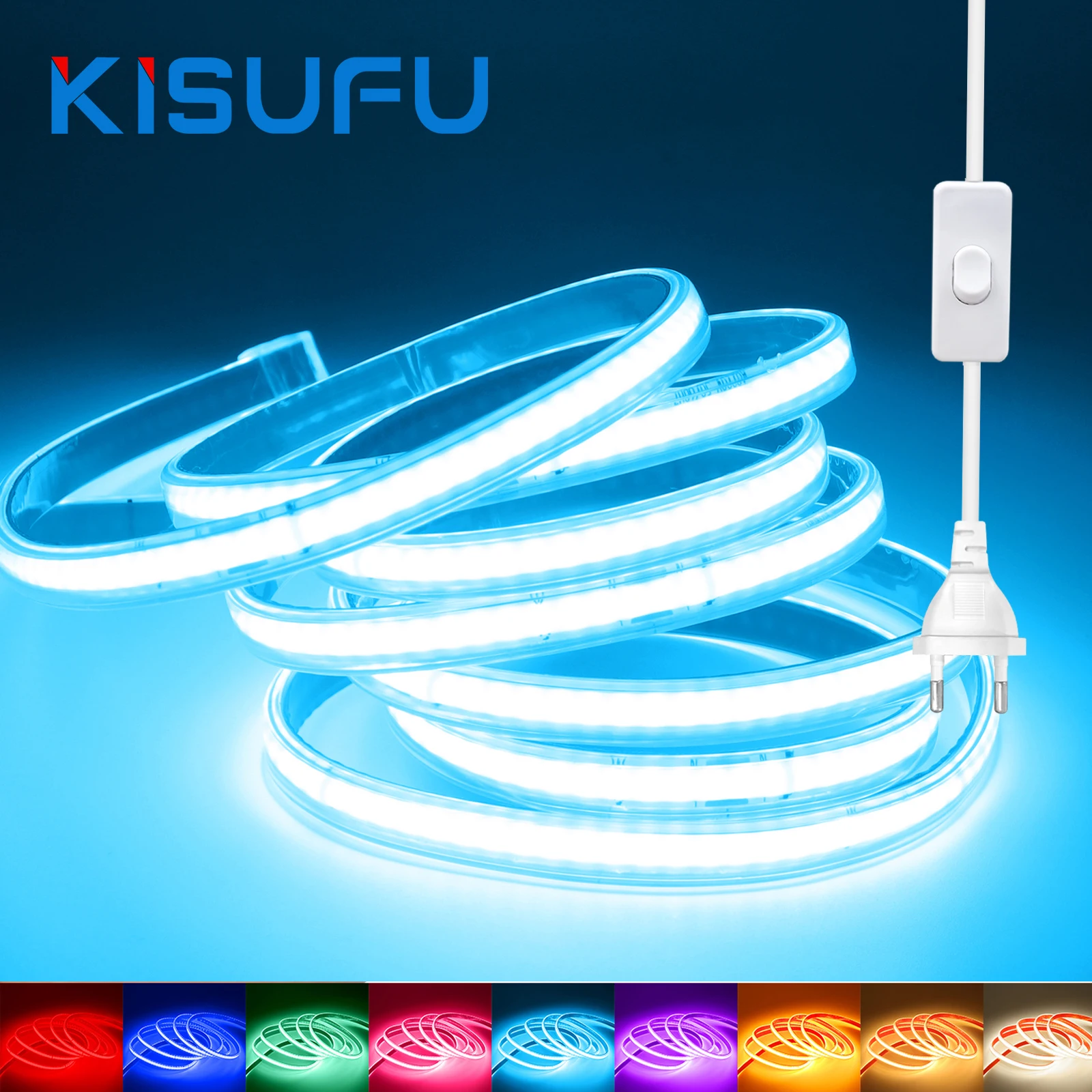 AC 220V COB Strip Waterproof  With ON/OFF Switch 240LED/m 100M 50M 40M 10M 5M Flexible Neon Light Garden Kitchen Decor 10 Colors