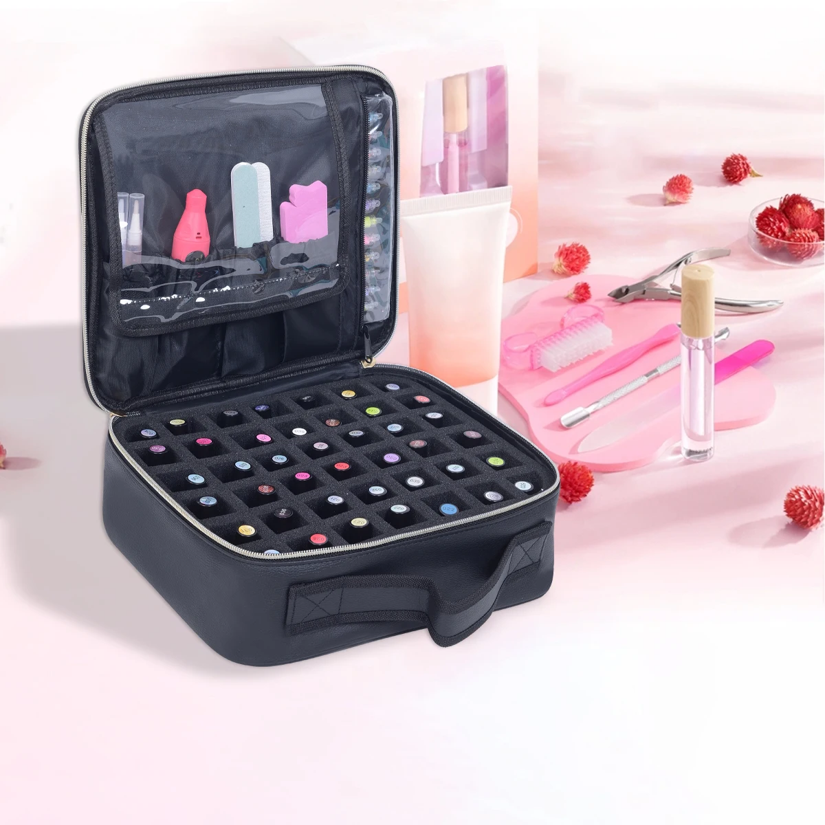 UOZL 42-Flaschen-Nagellack-Organizer, Hand-Nagellack-Aufbewahrungstasche aus PU-Leder, geeignet für Nagelkunstliebhaber und Maniküristen – Detail 1
