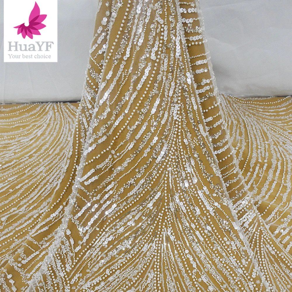 

1 Yard French White Beaded Sequin Pearl Bridal Lace For Women Wedding Dress Fabric HY2291-2