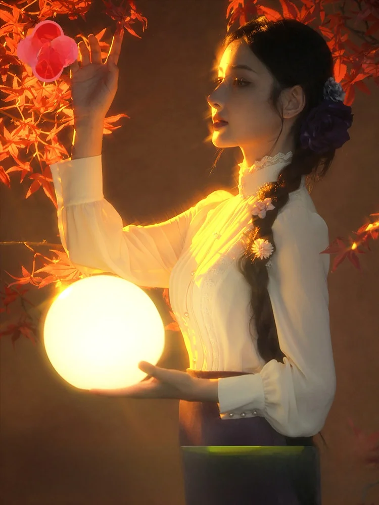 

Ele Red Face Moon Song 2026 Spring New Sle Women's Profional Commute Court Retro Stand Collar Lace Chiffon irt