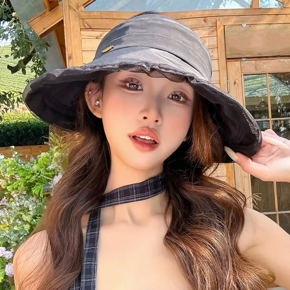 

Wide Brim Sun Protection Cap Korean Style Solid Color Outdoor Bucket Hat UV Protection Empty Top Women's Sun Visor Hats