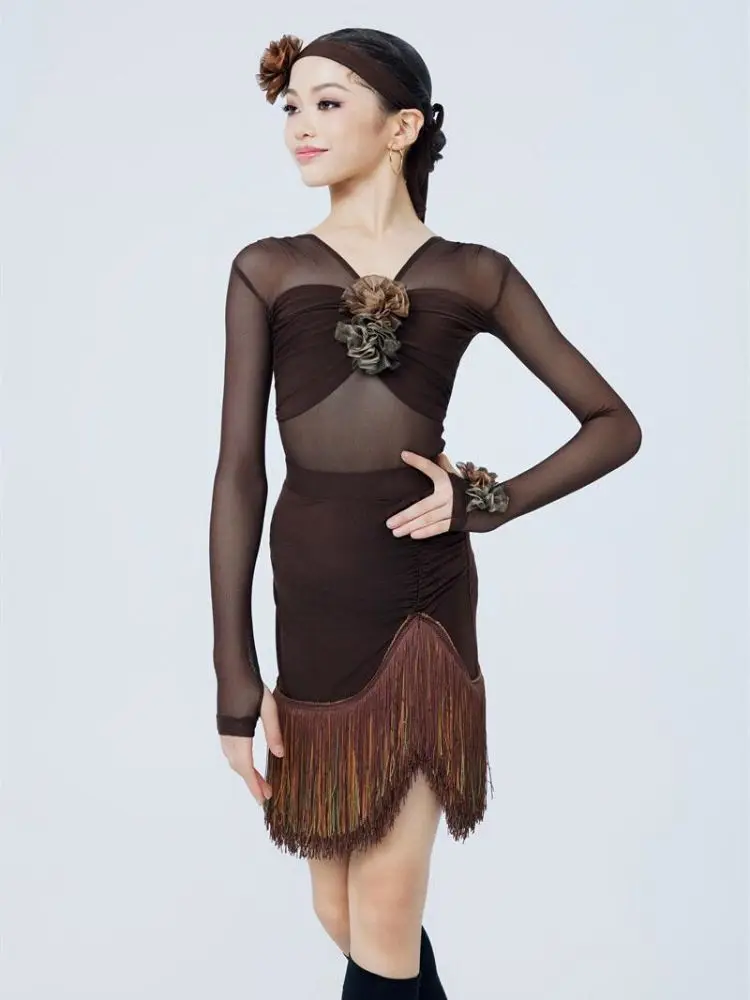 

customized women's adult girls' Latin dance costumes practice clothes long sleeves mesh tassel long dresses performance sets