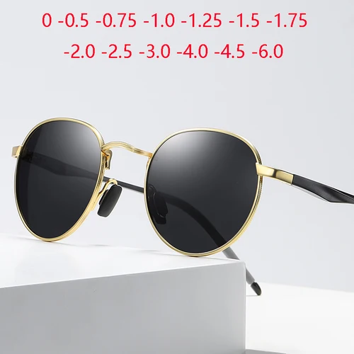 0-0,5-0,75 a-6,0 gafas de sol redondas Vintage para miopía, gafas de sol polarizadas de Metal antideslumbrantes para miopía, gafas de sol graduadas para hombre