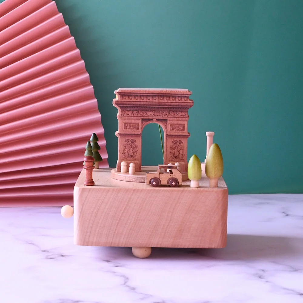 Caja musical de madera con diseño del Arco del Triunfo francés, caja musical de cuerda hecha a mano, recuerdo de viaje, regalo de cumpleaños o festivo.