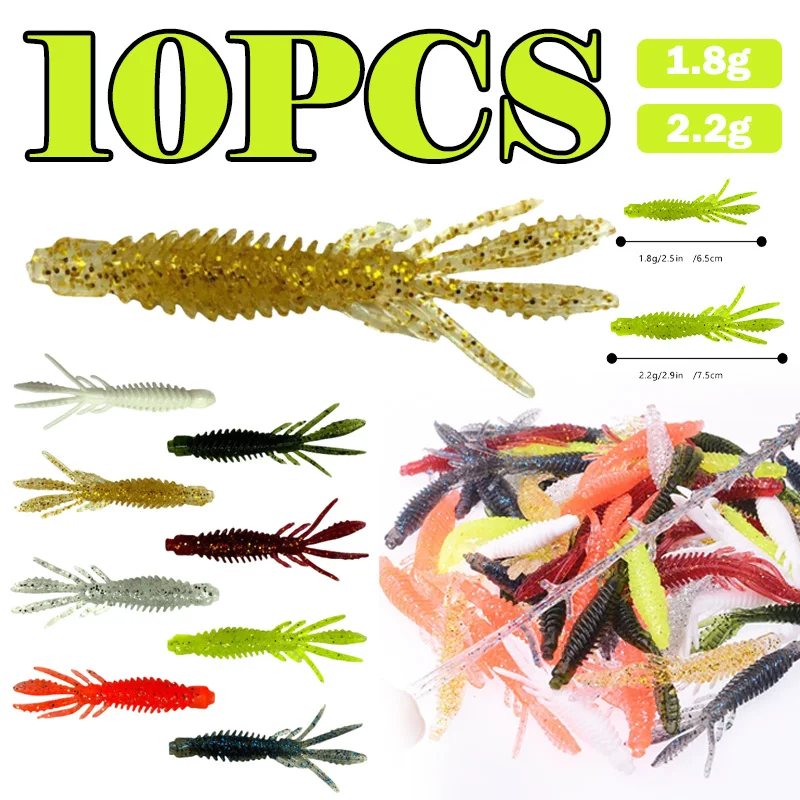 10PCS Floating Shrimp Larva Soft Fishing Lure with Salt Silicone Grub Lure Twintail Jig Double Tail Wobblers Swim Baits Tackles