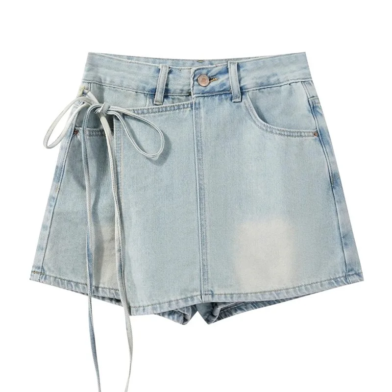 Smmer Women's High Waist Washed Light Blue Jeans Shorts Casual Trendy American New Fashion Webbings Denim Shorts Skirts Female