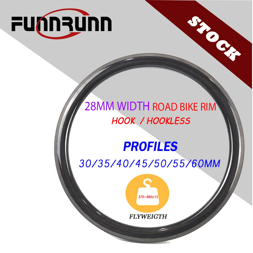 

FUNNRUNN 700C Road Bike Carbon Rim 28mm Width 30/35/40/45/50/55/60mm Depth Hook Hookless Tubeless Road Boost Gravel Bike Wheel