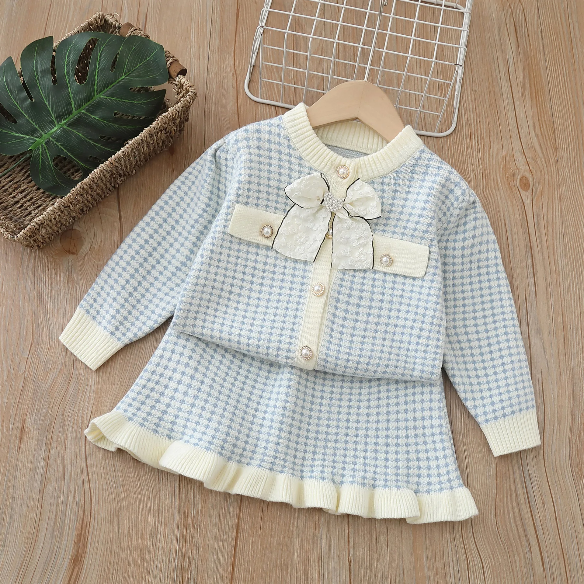 Childrens Clothing 2024 Korean Sweater Cardigan Set Skirt Fashionable Knitting Gentle Two-piece Set