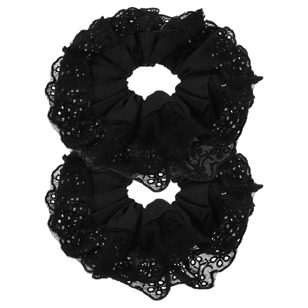 

2Pcs Double Layer Lace Hair Ties Girls Accessories Thick Hair Scrunchies Comfortable Wear Boho Black Ribbons Elastic